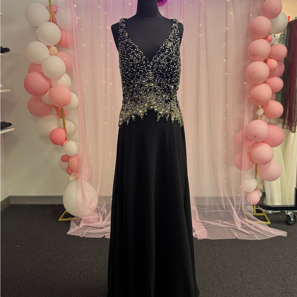 Elegant Black Evening Gown with Silver Embellishments